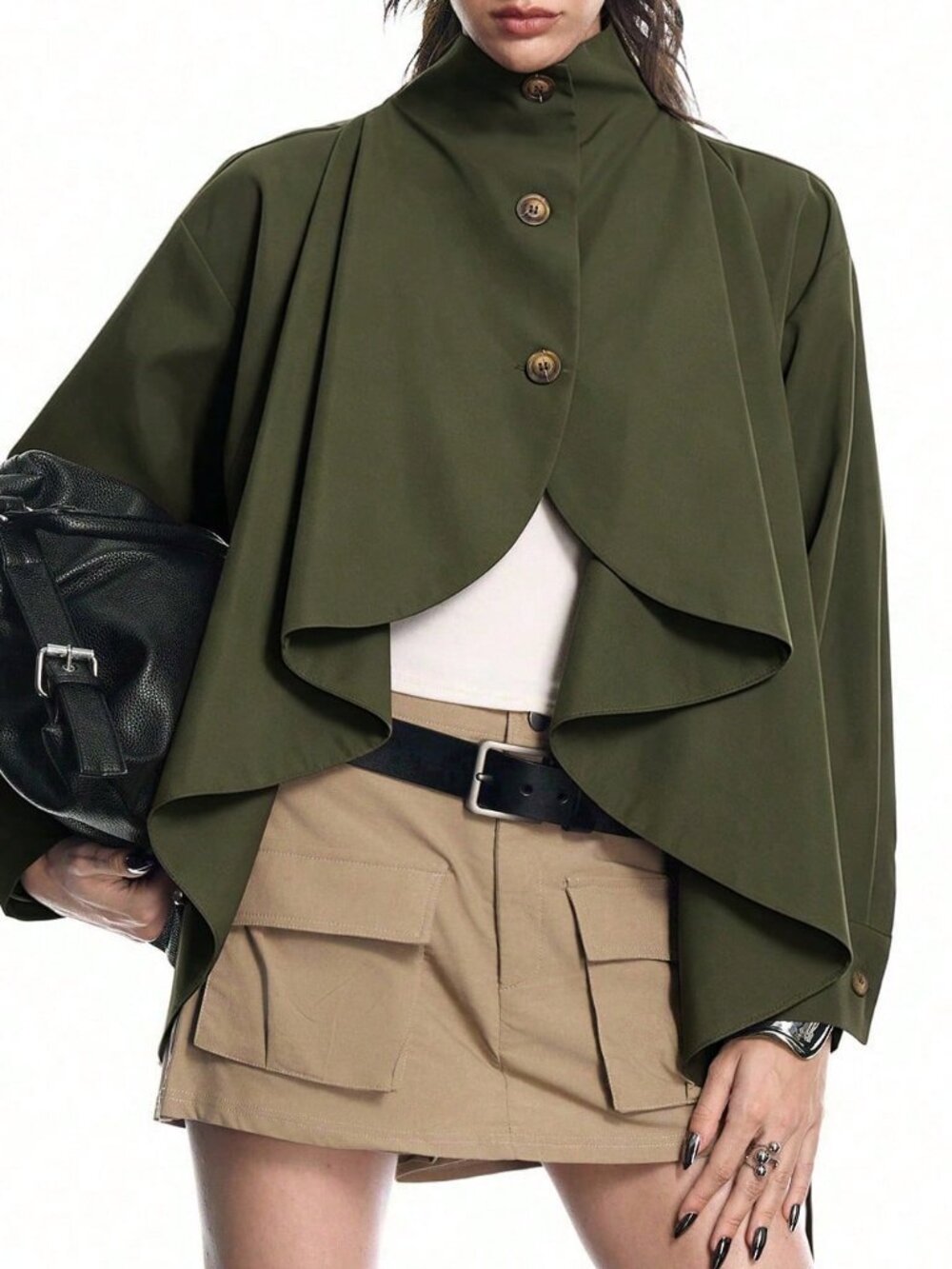 Green Casual Women's Asymmetrical Stand Collar Cape Jacket